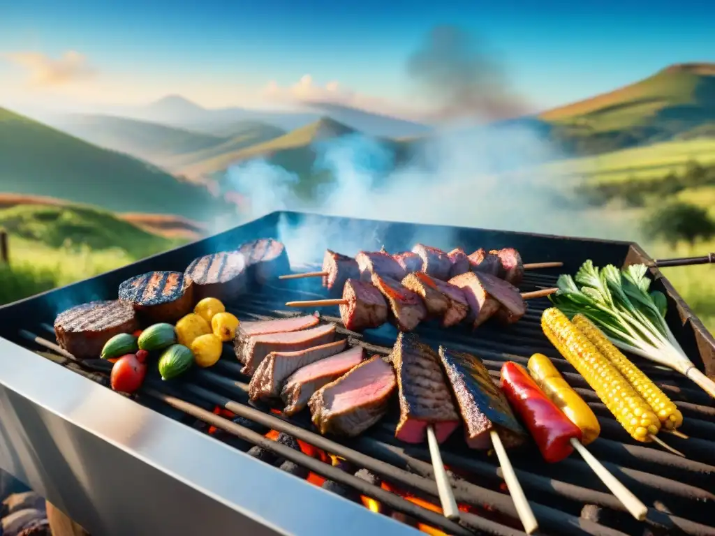 Escena detallada de un asado uruguayo tradicional en progreso con expertos chefs y variedad de carnes y vegetales a la parrilla