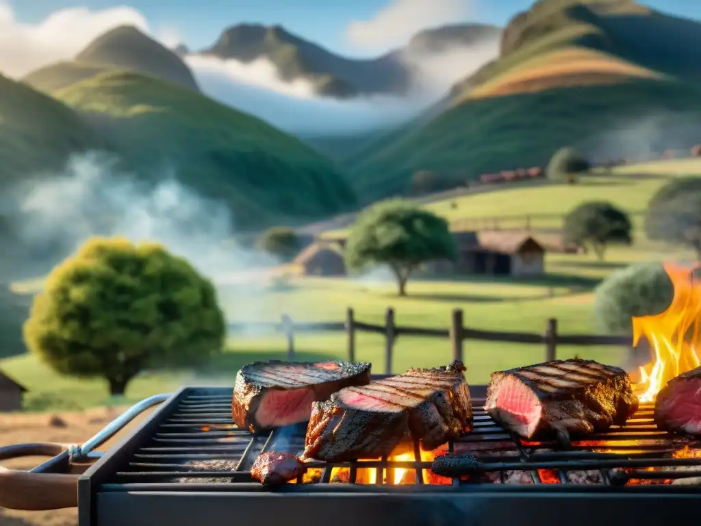 Escena detallada de un asado uruguayo tradicional resaltando la importancia de la procedencia de la carne en un entorno campestre y acogedor