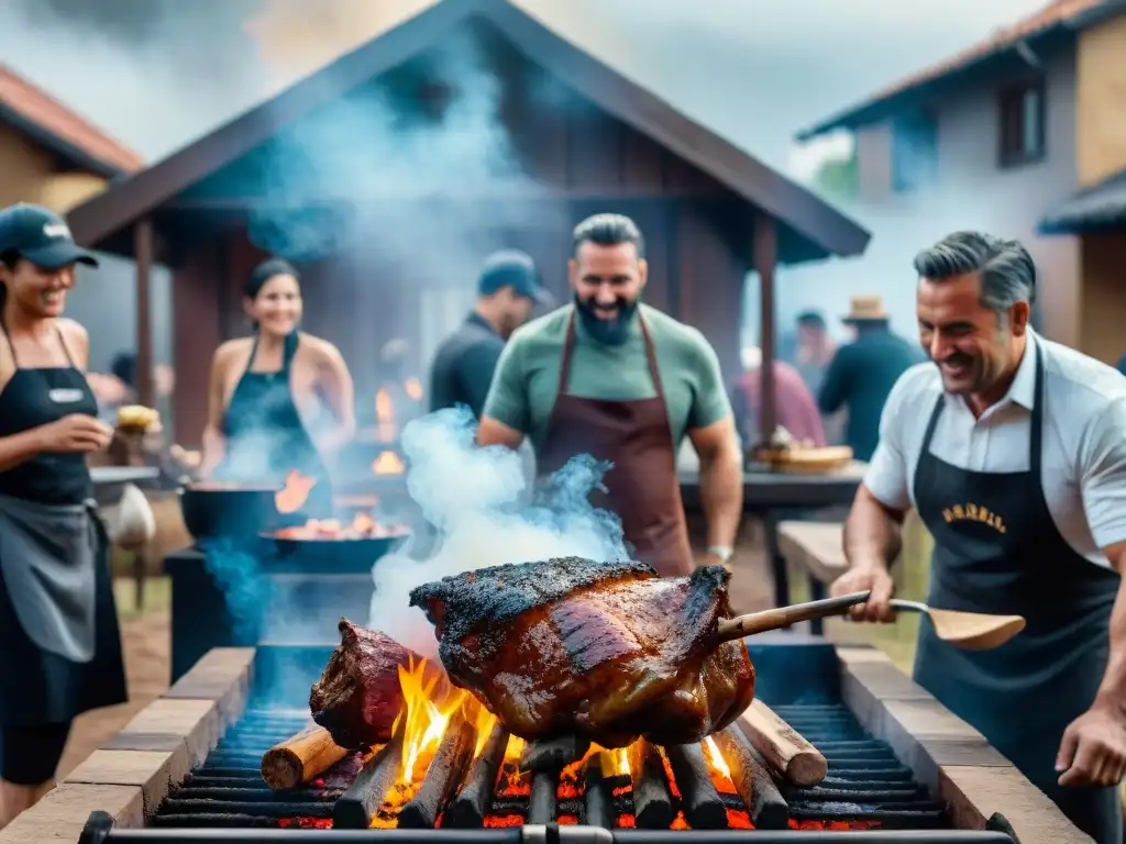 Escena detallada de un asado uruguayo tradicional al aire libre con gente diversa cocinando y disfrutando, capturando el arte del asado uruguayo online