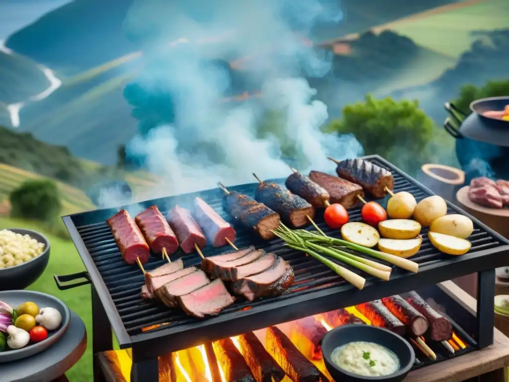 Una escena detallada de un asado uruguayo tradicional con amigos y familia en el campo