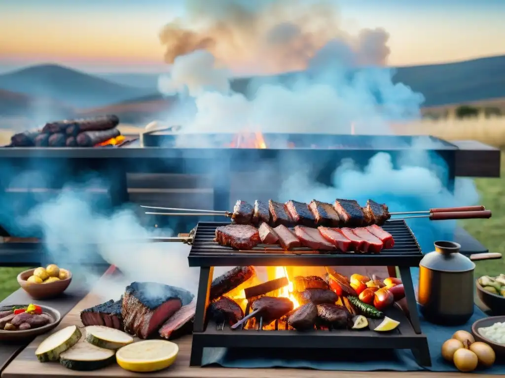 Una escena detallada de un asado uruguayo tradicional con amigos y familia al aire libre, capturando el arte del asado uruguayo online