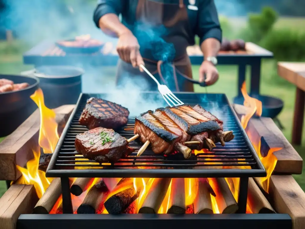 Una escena detallada de un asado uruguayo tradicional, con carnes asándose sobre brasas y un chef experto