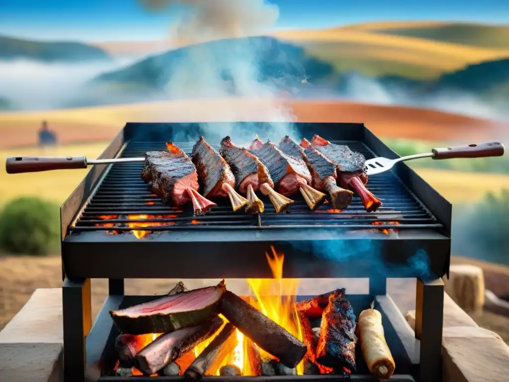 Escena detallada de un asado uruguayo tradicional, con un gaucho experto asando carne sobre brasas calientes en el campo