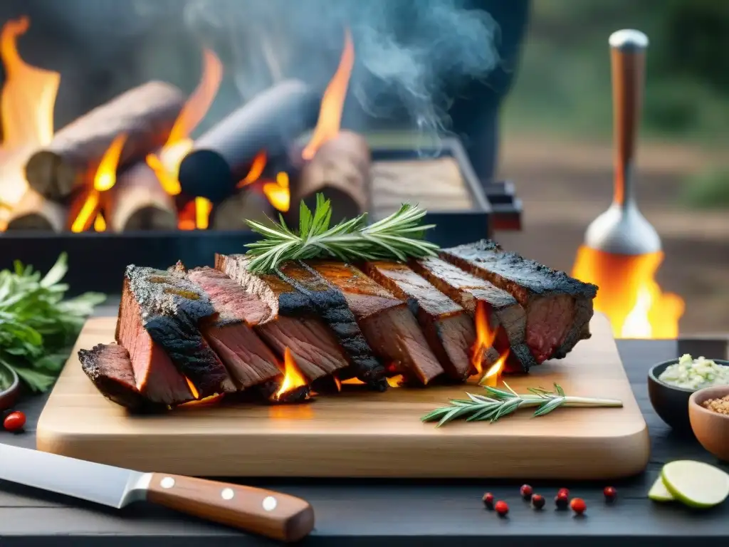 Una escena detallada de preparación de asado uruguayo con influencia de materiales de alta calidad