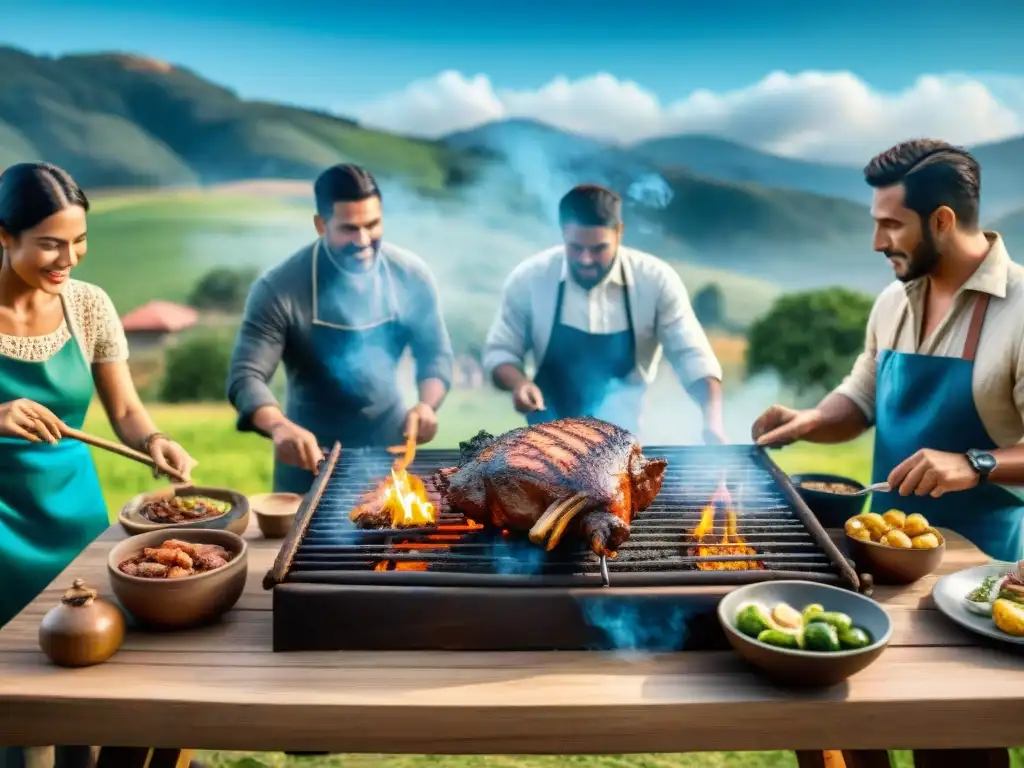 Escena detallada de un asado uruguayo tradicional con amigos disfrutando juntos