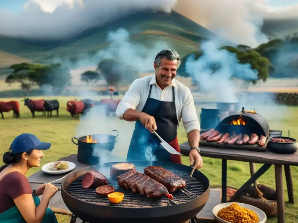 Escena detallada de un asado uruguayo tradicional con amigos y familiares disfrutando, ideal para 'Guías para asadores uruguayos'