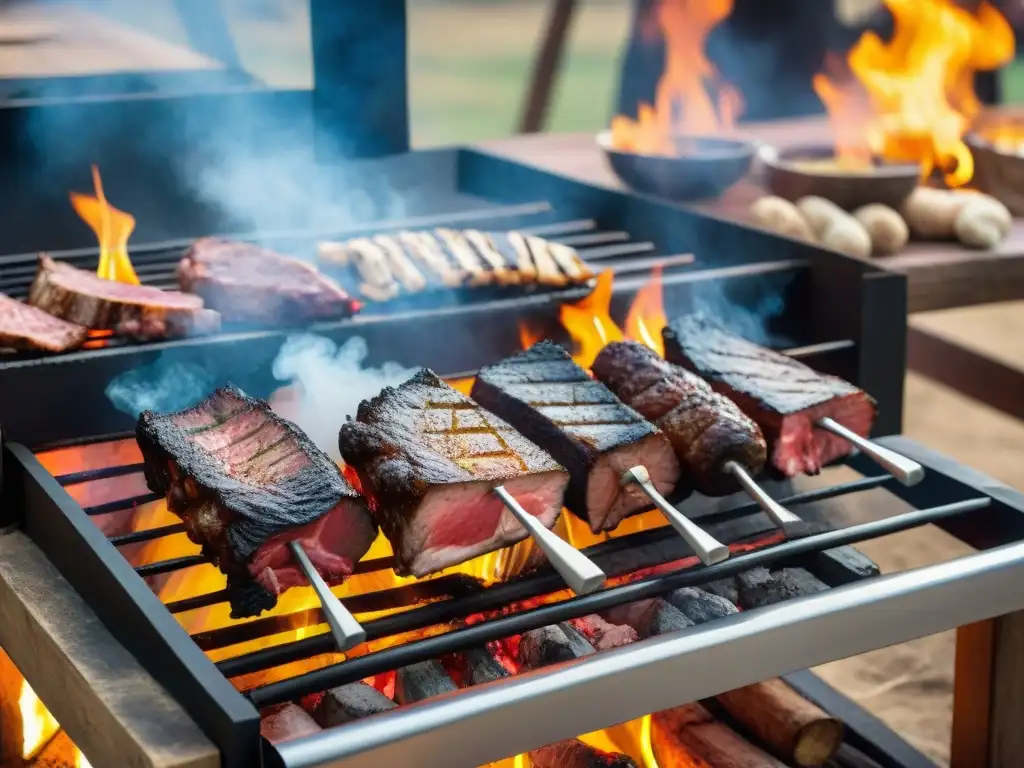 Escena detallada de un asado uruguayo tradicional con técnicas de asado uruguayo, invitando a disfrutar de la experiencia en torno a la parrilla