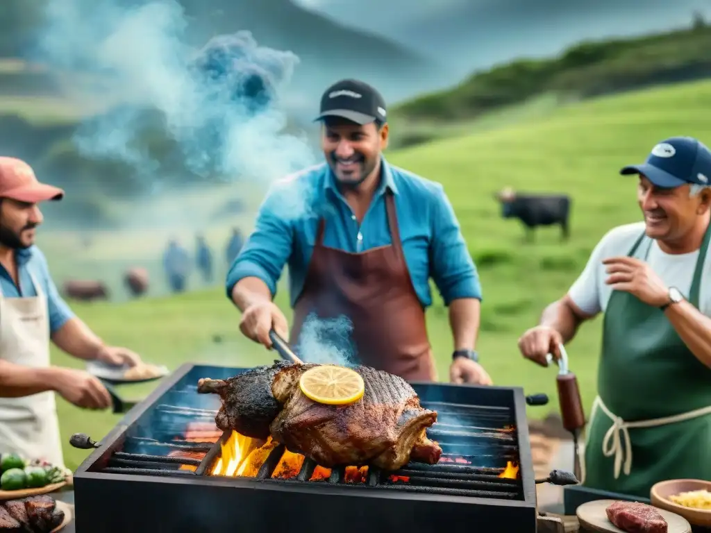 Una escena detallada de un asado uruguayo tradicional en un entorno rústico al aire libre, donde la innovación se mezcla con la tradición