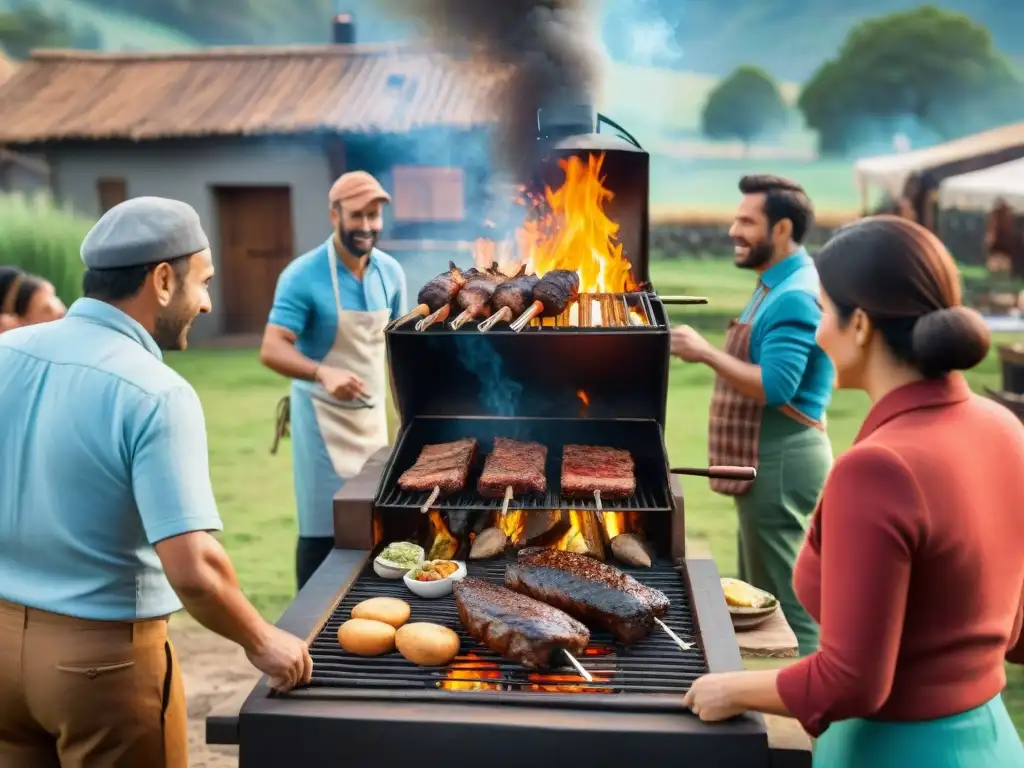 Escena detallada de un asado uruguayo tradicional en el campo, con gente variada disfrutando