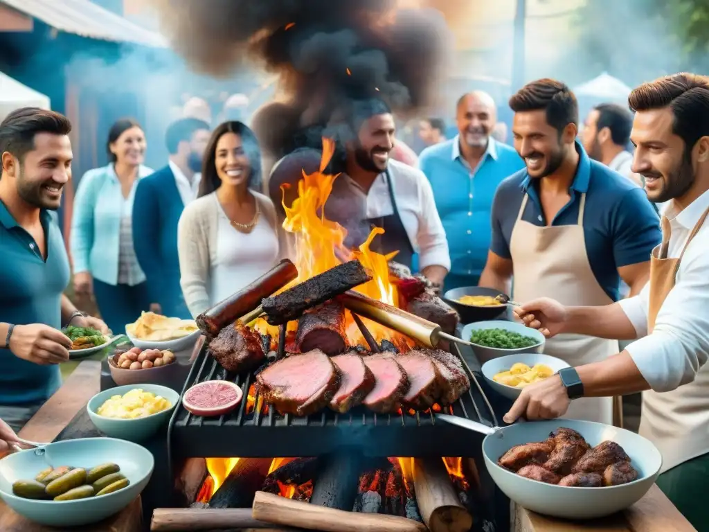 Una escena detallada de un asado uruguayo tradicional, con amigos y familia disfrutando la comida alrededor de la parrilla