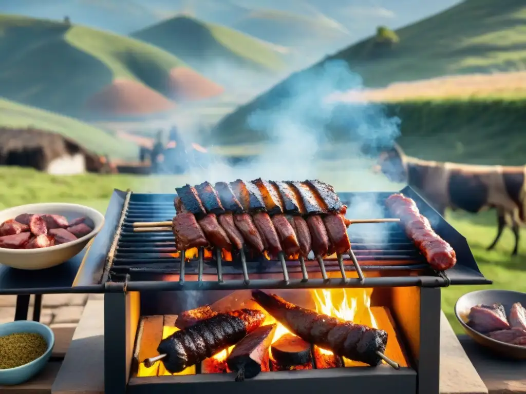 Una escena detallada de un asado uruguayo tradicional con innovación en la parrilla al aire libre