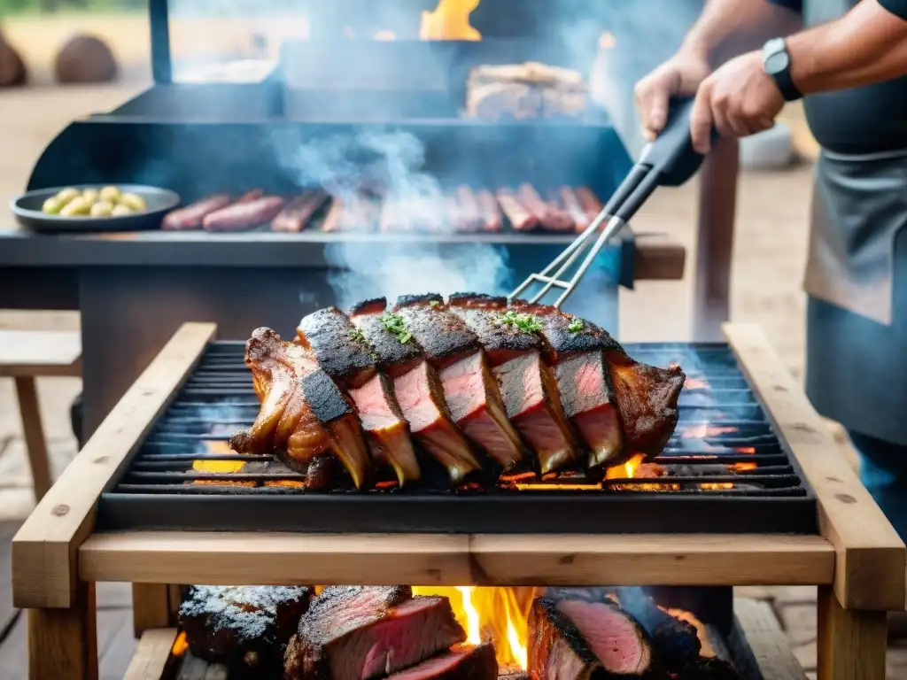 Una escena detallada de un asado uruguayo tradicional, con cortes de carne en una parrilla, llamas y un hábil asador