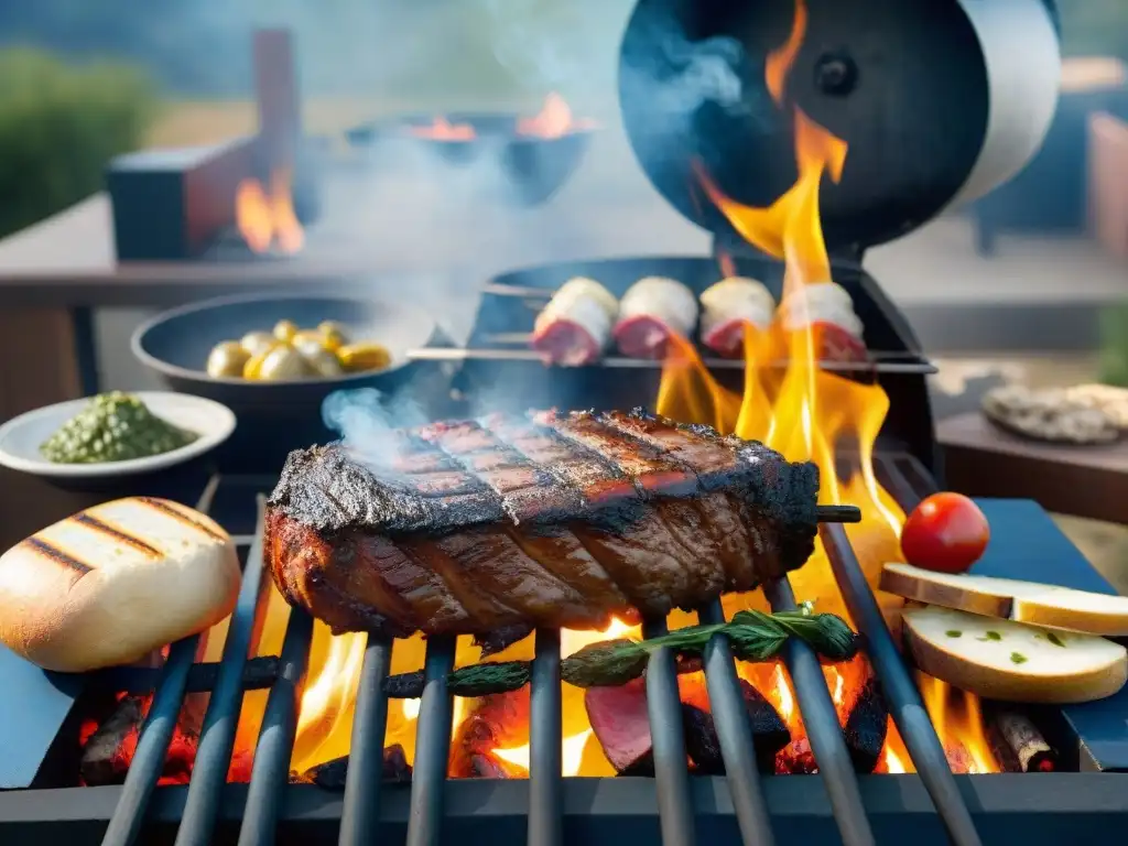 Escena detallada de un asado uruguayo tradicional: carnes jugosas a la parrilla, chimichurri y vegetales asados bajo cielo azul