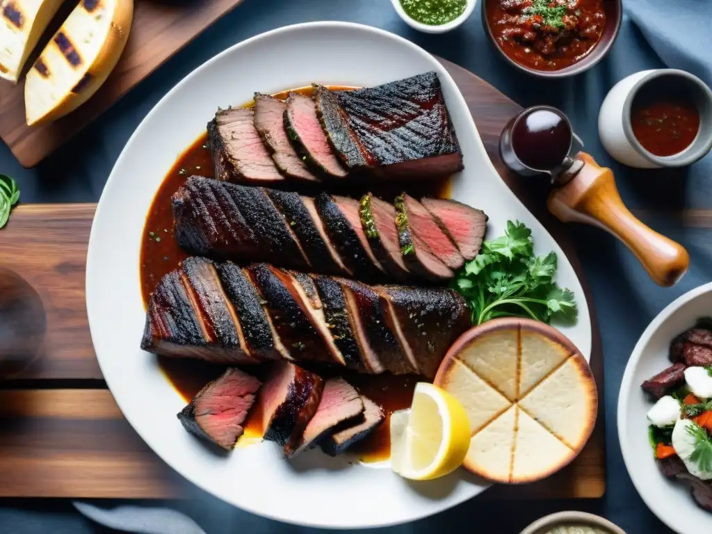 Una escena detallada de un asado uruguayo tradicional en el campo, con parrilla, carnes, chimichurri y vino Tannat