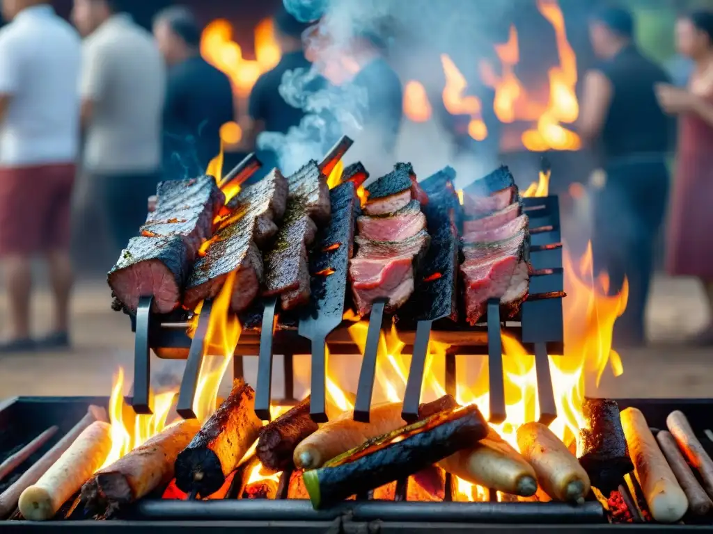 Una escena detallada de un asado uruguayo tradicional, con carnes y vegetales en la parrilla