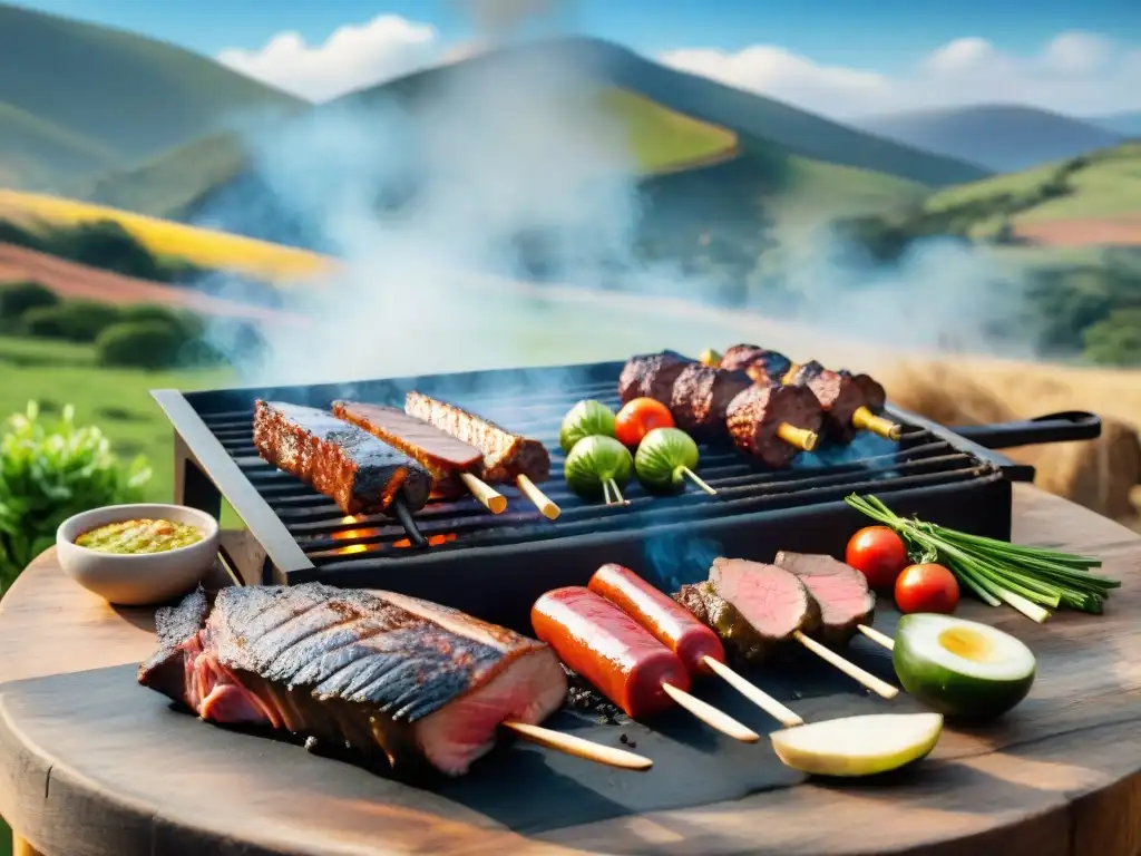 Una escena detallada de un asado uruguayo tradicional, gauchos cocinando carne sobre brasas con historia, tradición y técnicas