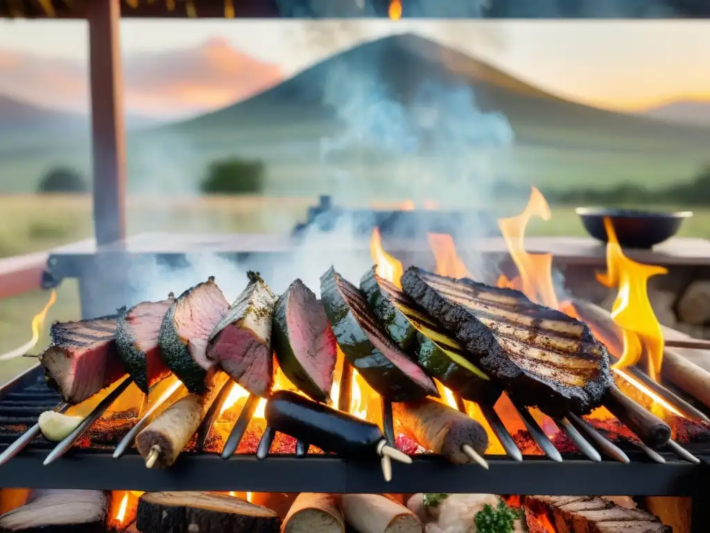 Escena detallada de un asado uruguayo en el campo al atardecer, con familia disfrutando la comida y conversación