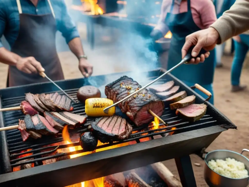 Una escena detallada de un asado uruguayo tradicional en progreso, con variedad de carnes asándose en la parrilla sobre brasas calientes