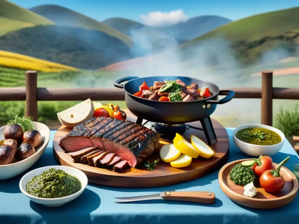 Una escena detallada de un asado uruguayo tradicional en el campo, que refleja la historia del asado uruguayo