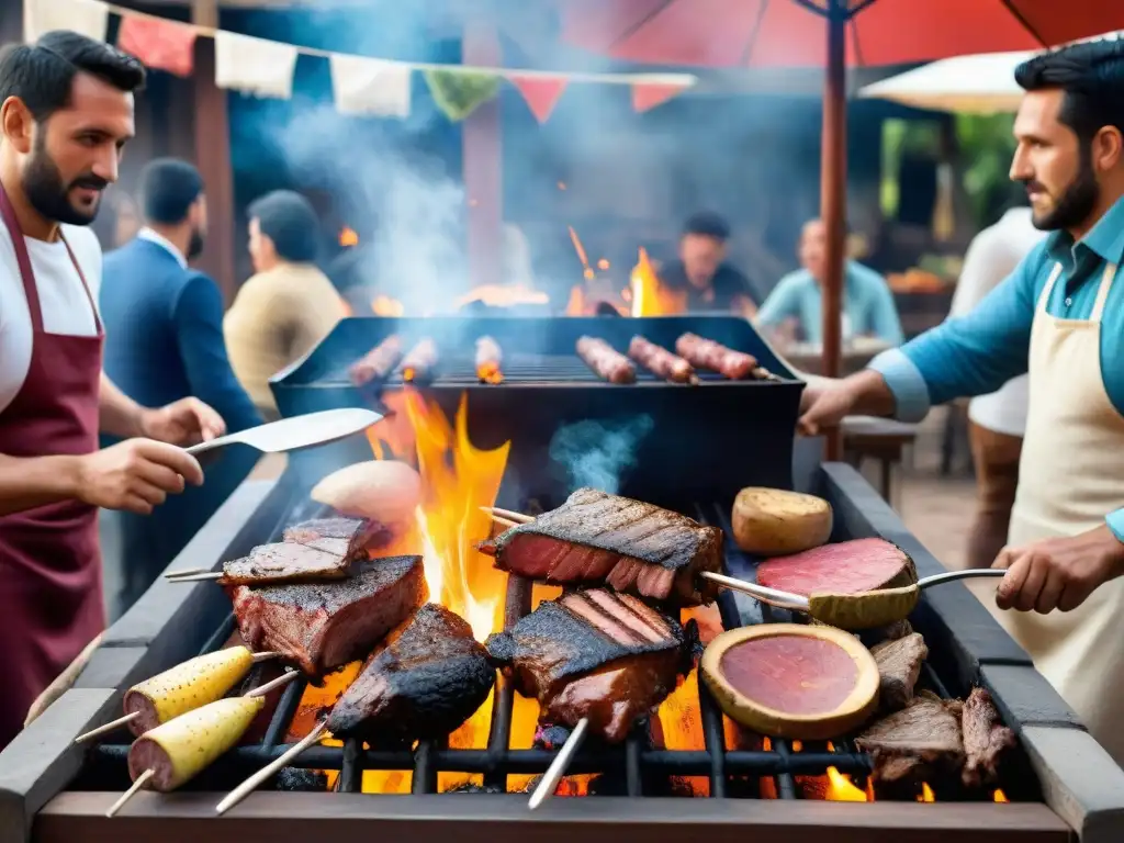 Escena detallada de un asado uruguayo tradicional con carnes en la parrilla, humo y decoraciones