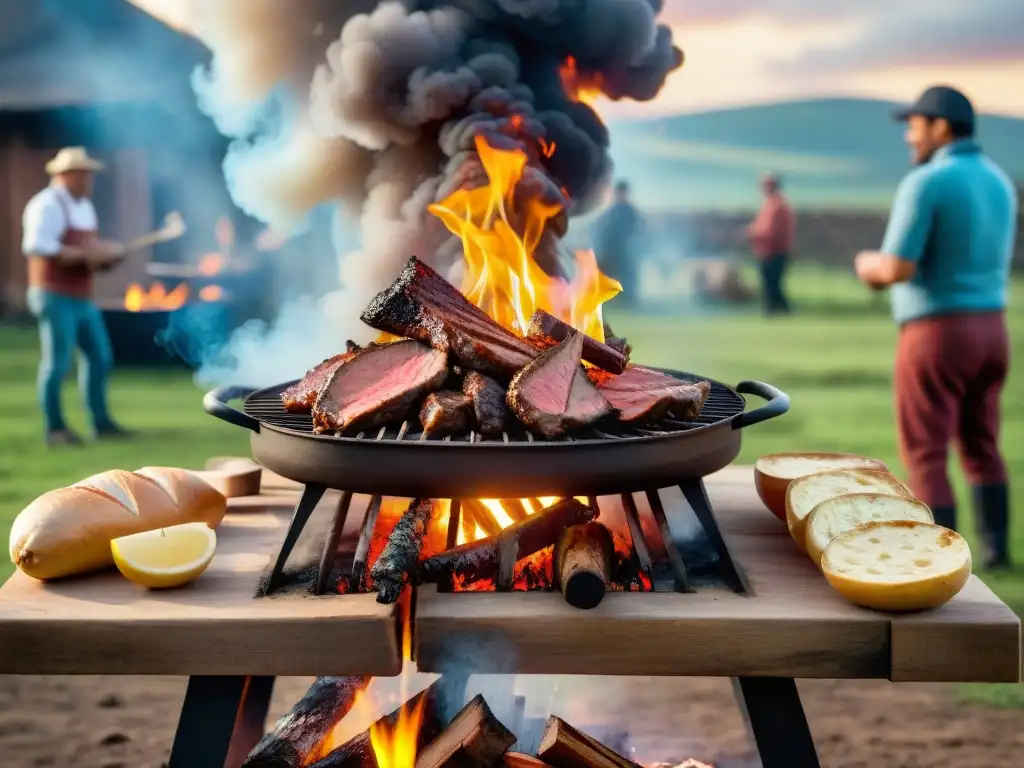 Una escena detallada de un asado uruguayo tradicional en el campo