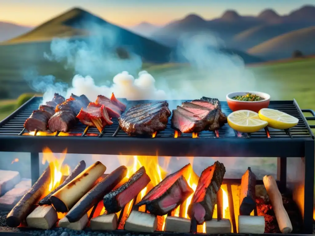 Una escena impresionantemente detallada de un asado uruguayo tradicional, con cortes magros de carne asándose sobre brasas calientes en el campo