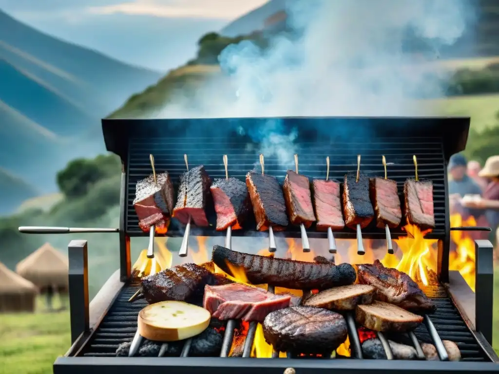 Escena detallada de un asado uruguayo tradicional, con carnes sizzling en la parrilla y gente disfrutando, en un entorno campestre