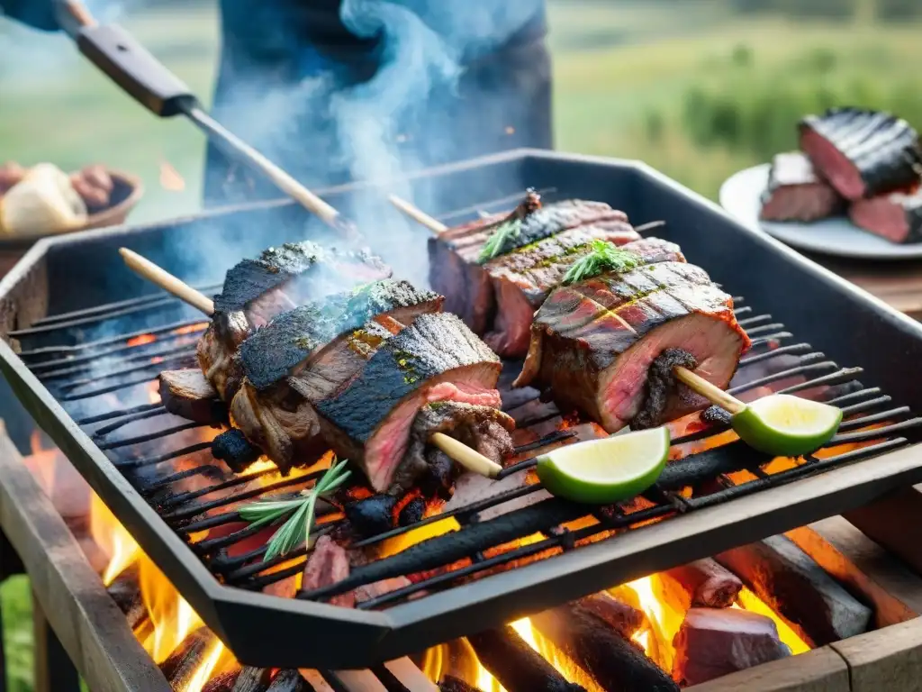 Una escena detallada de un asado uruguayo tradicional, mostrando una variedad de carnes a la parrilla sobre brasas ardientes