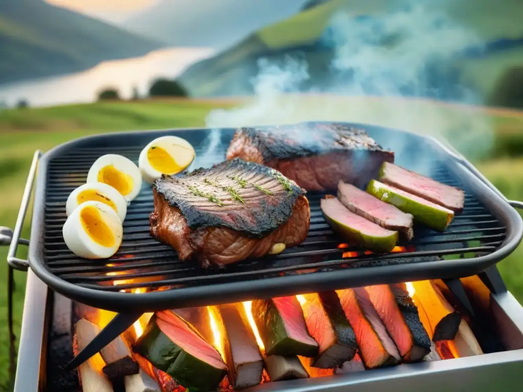 Una escena detallada de un asado uruguayo tradicional, con carne en la parrilla sobre brasas