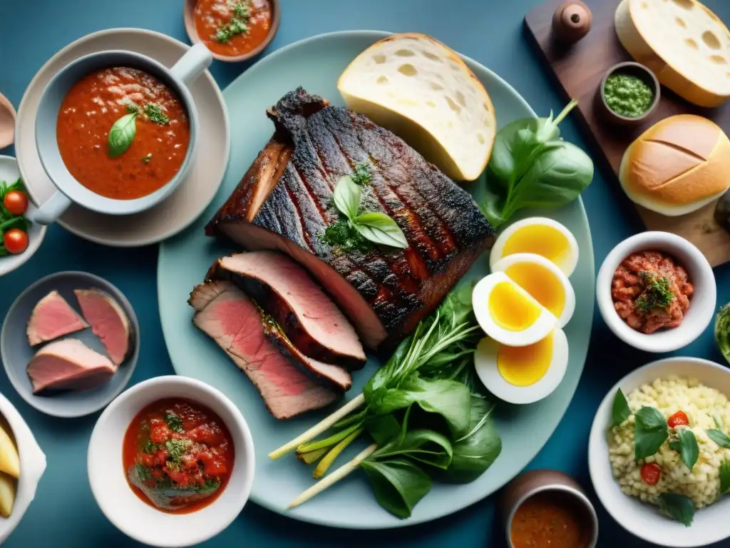 Una escena detallada de un asado uruguayo tradicional, con carnes en la parrilla y chimichurri