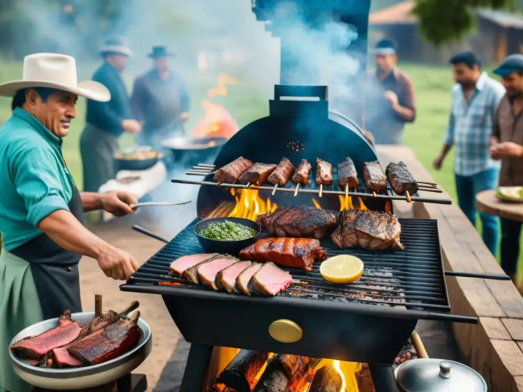 Una escena detallada de un asado uruguayo tradicional con sabor a camaradería y herencia cultural