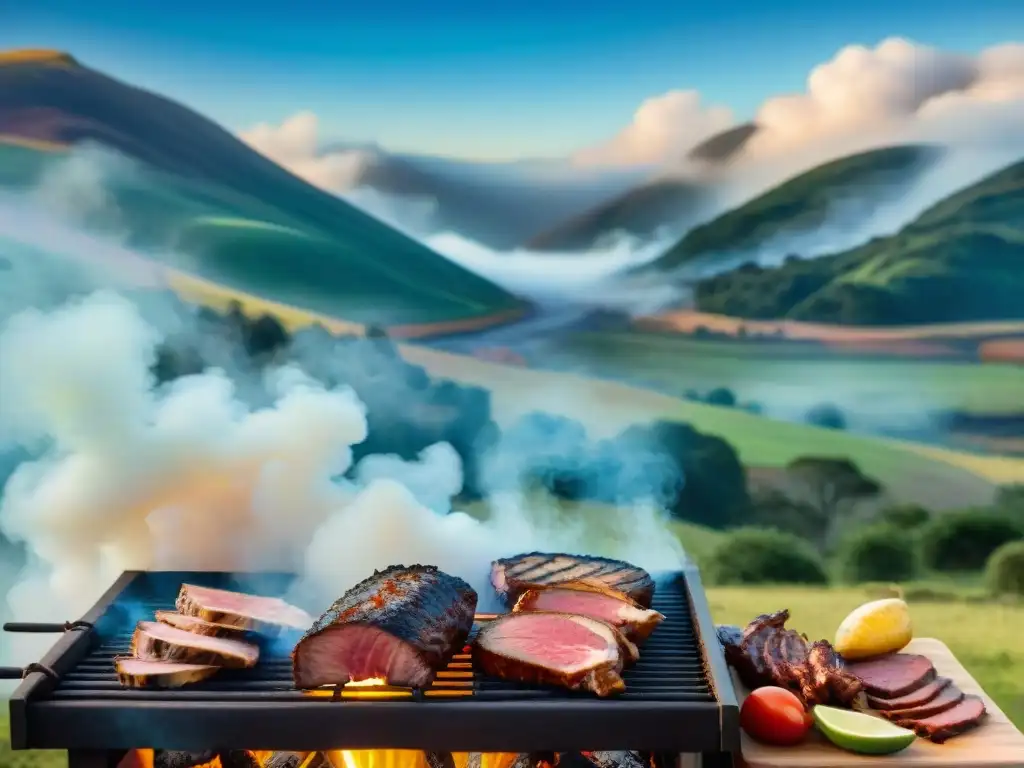 Una escena detallada de un asado uruguayo tradicional con gauchos en el campo