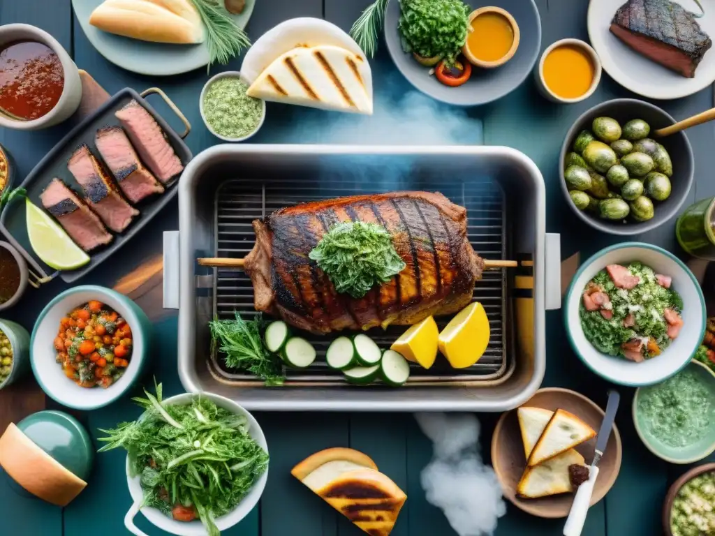 Una escena detallada de un asado uruguayo tradicional con influencia árabe: carnes suculentas en la parrilla, diversidad y alegría en el patio rústico