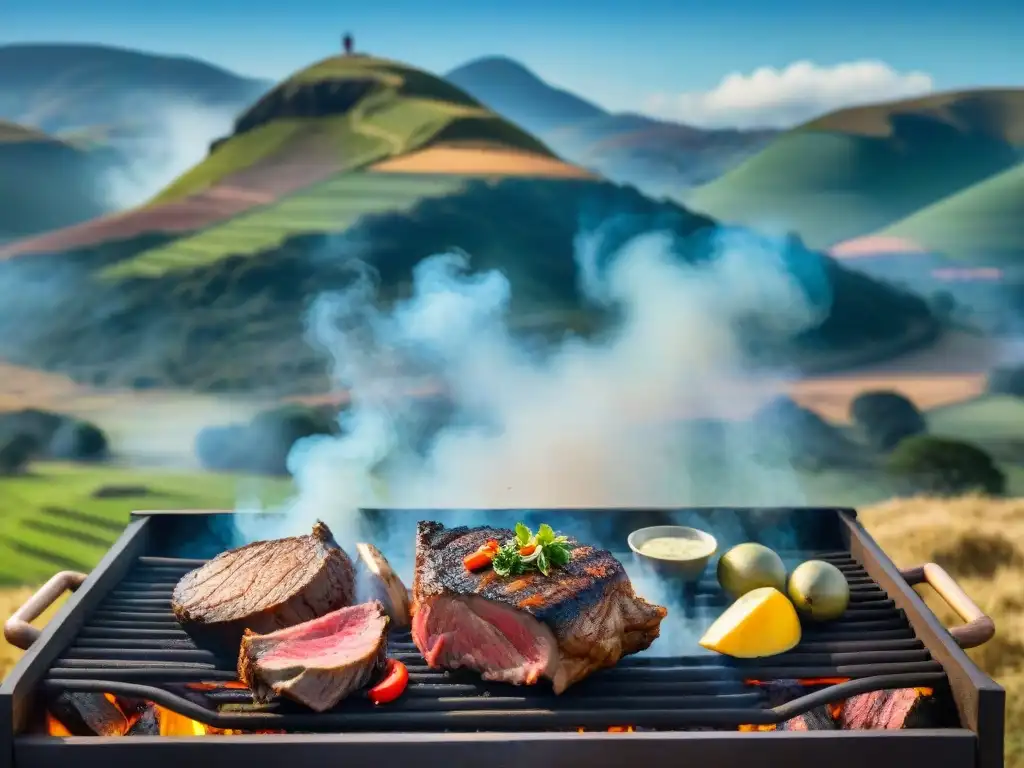 Escena detallada de un asado uruguayo tradicional con gauchos y cordero, en los campos de Uruguay