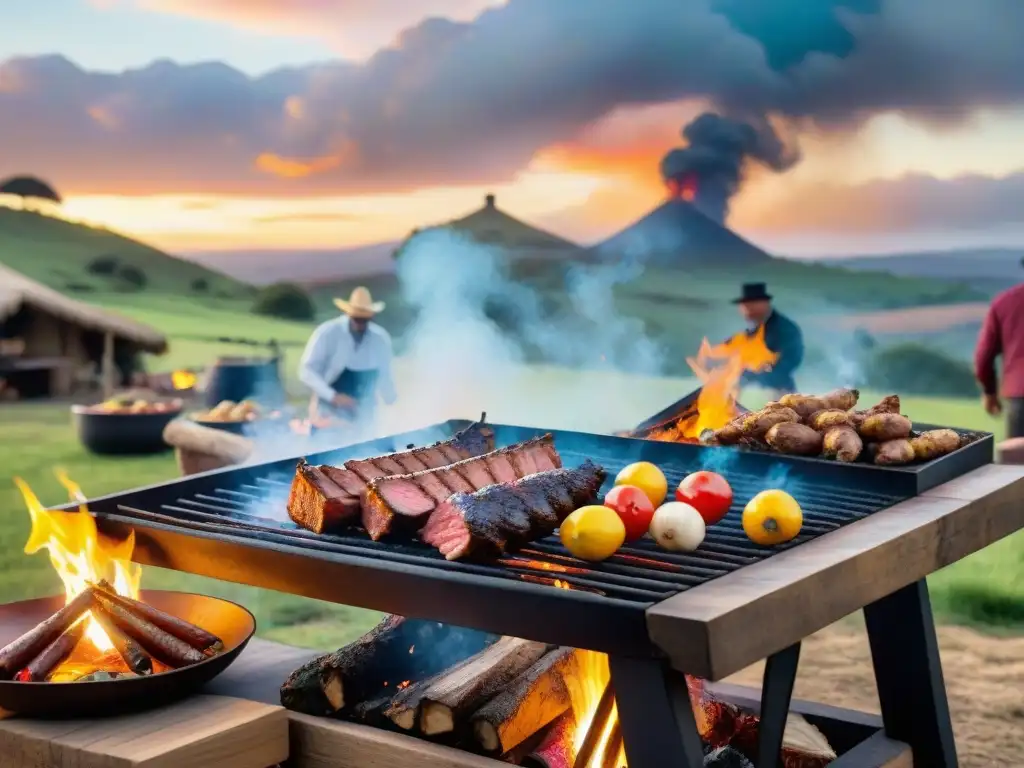 Escena detallada de un asado uruguayo tradicional en el campo, con gauchos preparando la parrilla al aire libre al atardecer