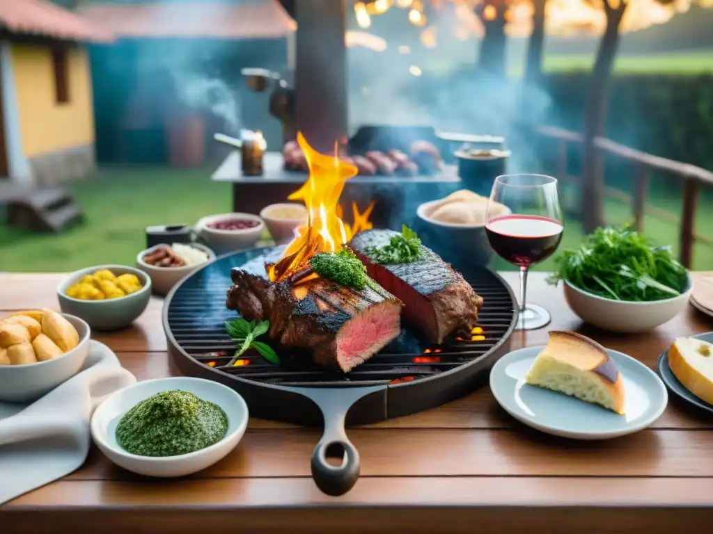 Una escena detallada del asado uruguayo en el campo, con gauchos en una parrilla