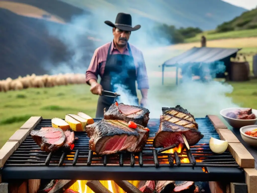 Escena detallada de un asado uruguayo con técnicas ancestrales de asado uruguayo en el campo