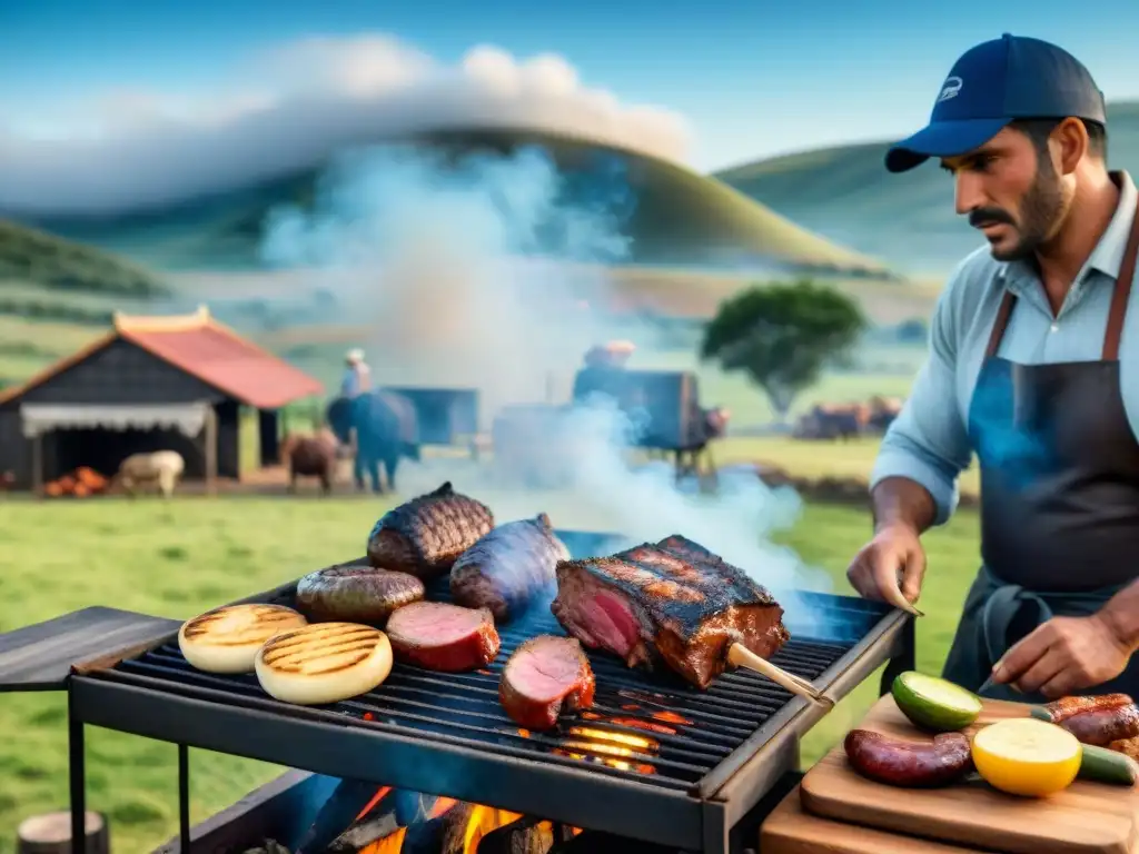 Una escena detallada de un asado uruguayo tradicional con gauchos y paisaje campestre