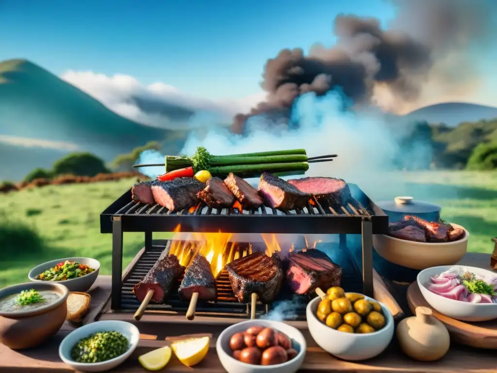 Una escena detallada de un asado uruguayo tradicional con orígenes multiculturales