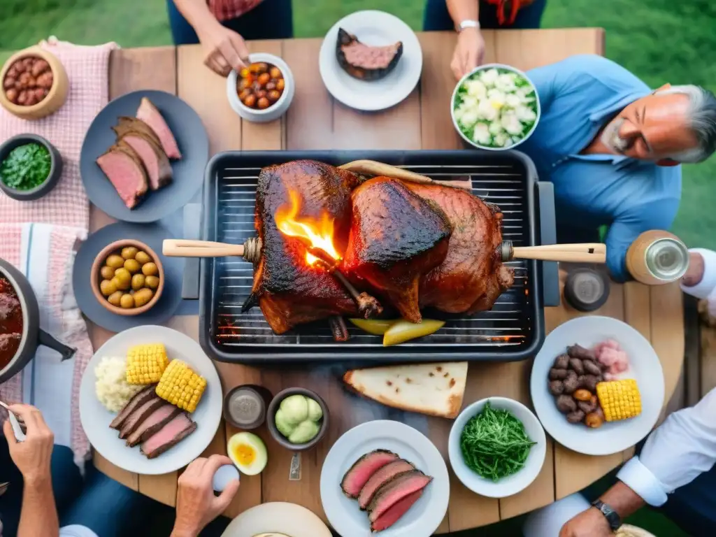 Una escena detallada de un asado uruguayo tradicional con influencia judía, donde personas diversas disfrutan alrededor de la parrilla