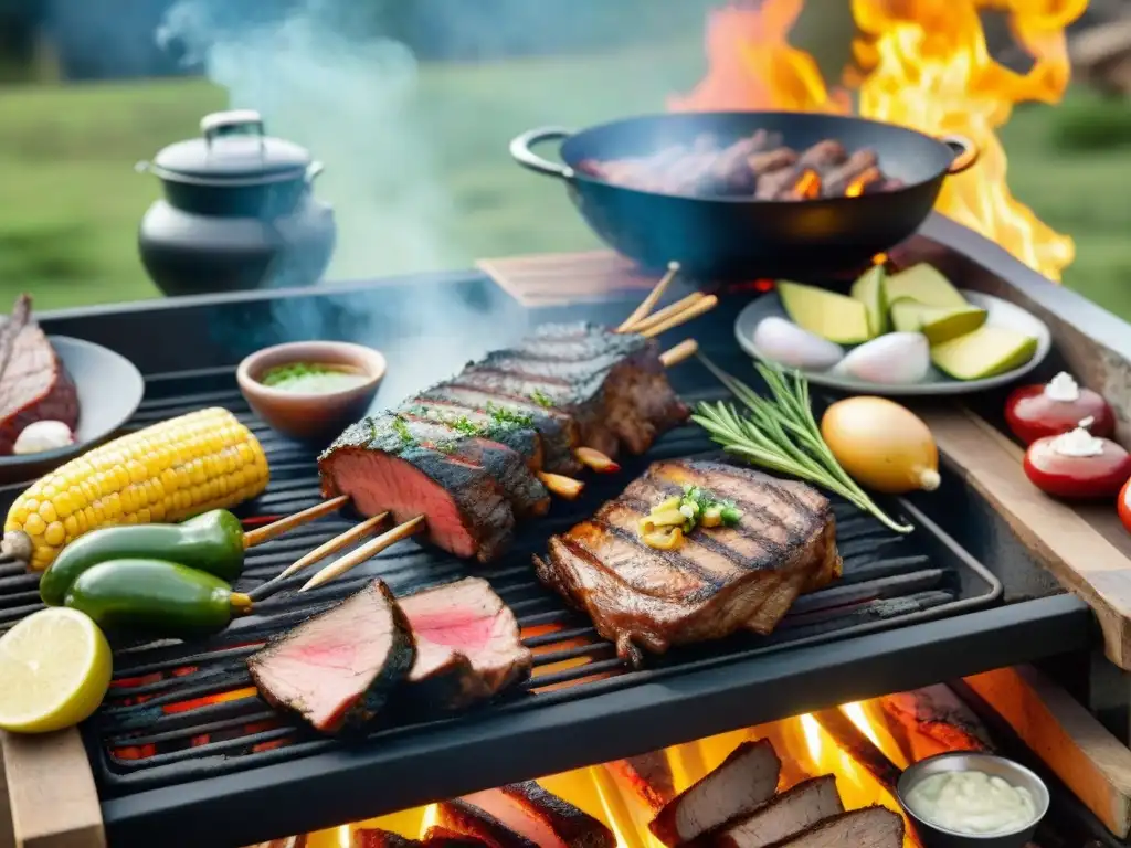 Una escena detallada de un asado uruguayo tradicional, con secretos precolombinos en cada sizzle