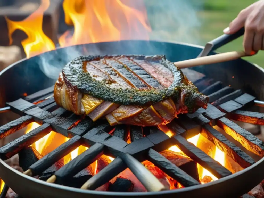 Escena detallada de un asado de pulmón uruguayo en parrilla rústica, con gauchos y paisaje campestre