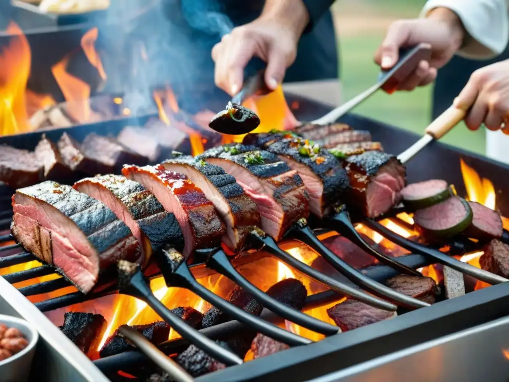 Una escena detallada de un asado uruguayo innovador, con cortes de carne variados y jugosos en una parrilla tradicional