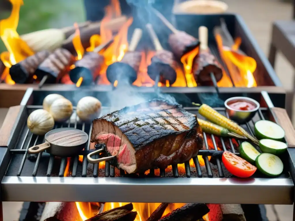 Escena detallada de un asado uruguayo tradicional con carnes a la parrilla, chimichurri y vino Tannat