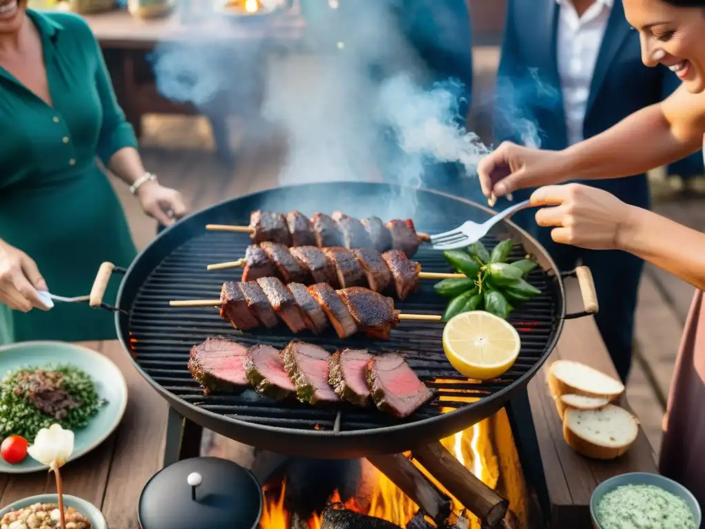 Una escena detallada de un asado uruguayo tradicional en un entorno rústico al aire libre