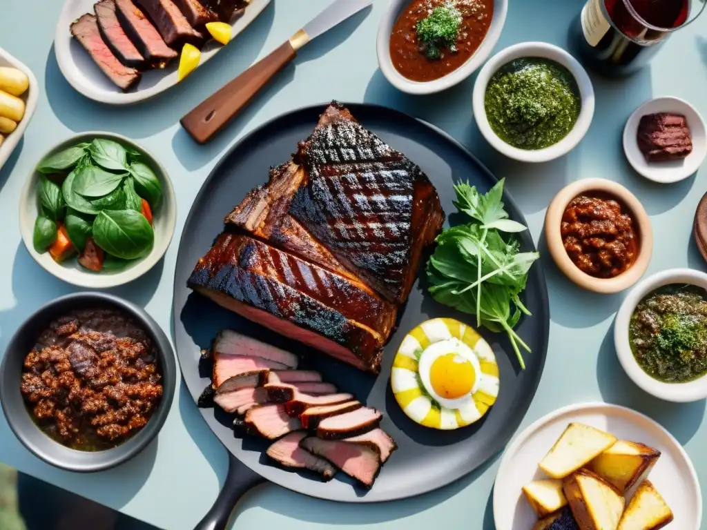 Escena detallada de un asado uruguayo tradicional con cortes de carne, chimichurri y vino Tannat