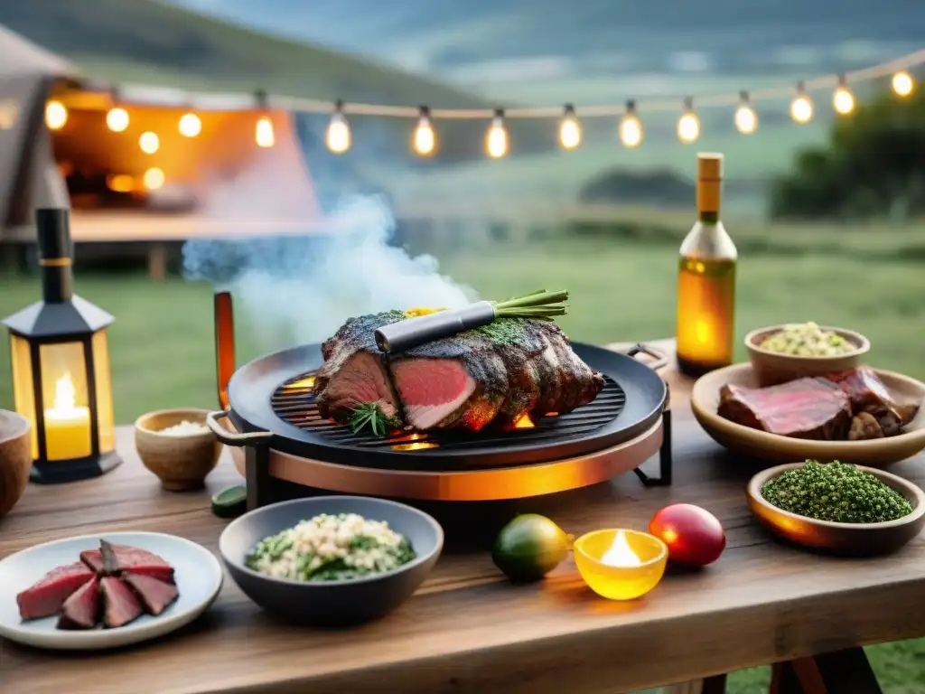 Escena detallada de un asado uruguayo en invierno con carnes, verduras y chimichurri bajo las estrellas