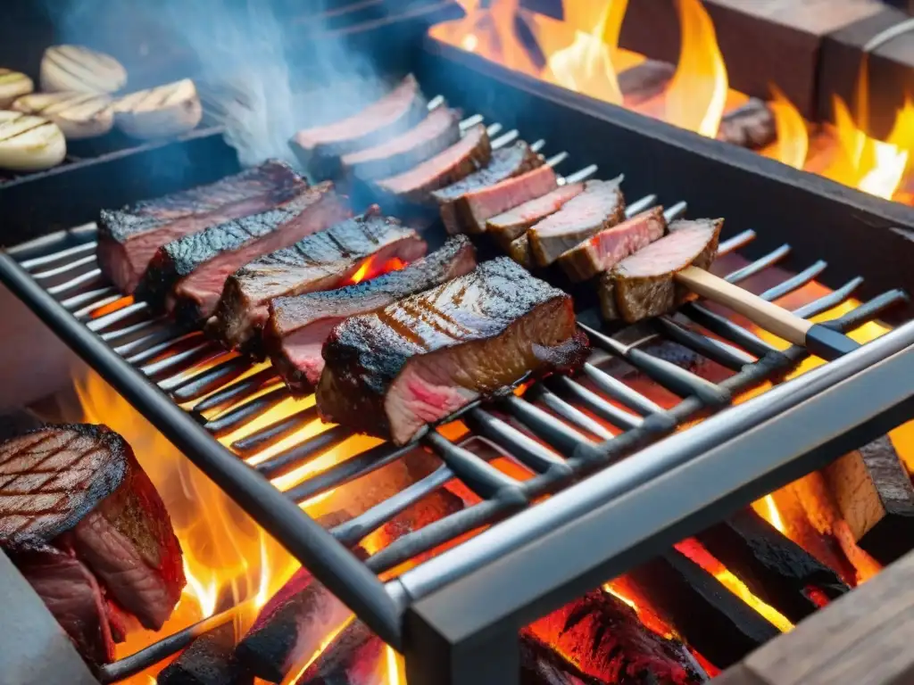 Una escena detallada de un asado uruguayo tradicional con técnicas de asado a la leña, resaltando los cortes de carne y las brasas brillantes