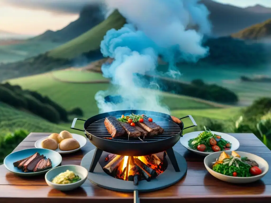 Escena detallada de un asado uruguayo tradicional con amigos disfrutando, chimichurri y paisaje campestre