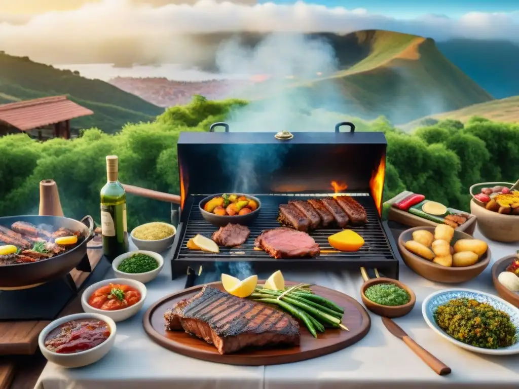 Una escena detallada de un asado uruguayo tradicional al aire libre, con amigos y familia disfrutando alrededor de la parrilla